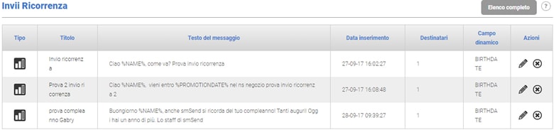 Elenco SMS ricorrenza